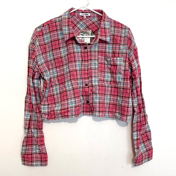 NEW NWT FASHION NOVA It’s a Plaid Time Flannel Top Pink Blue Cream Boxy Crop Top - Picture 2 of 15